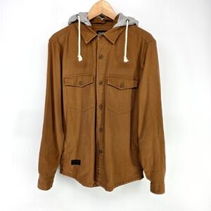 Pull&Bear‎ Hooded Shirt Jacket Mens XS Brown Canvas Twill Shacket Utility Hooded